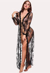 Floral Lace-Trimmed Black Transparent Robe